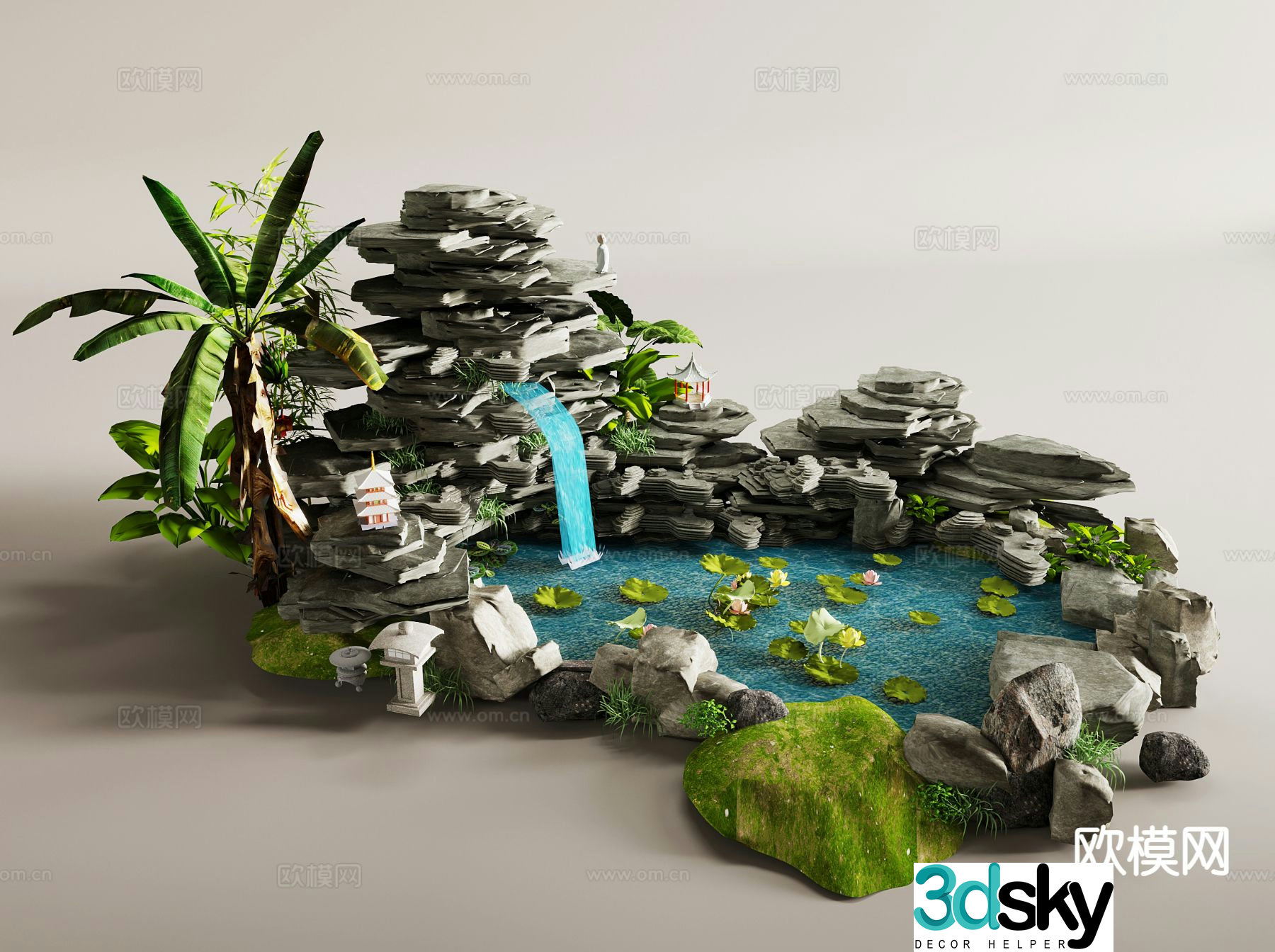 New Chinese style courtyard landscape rockery sketch 3D model