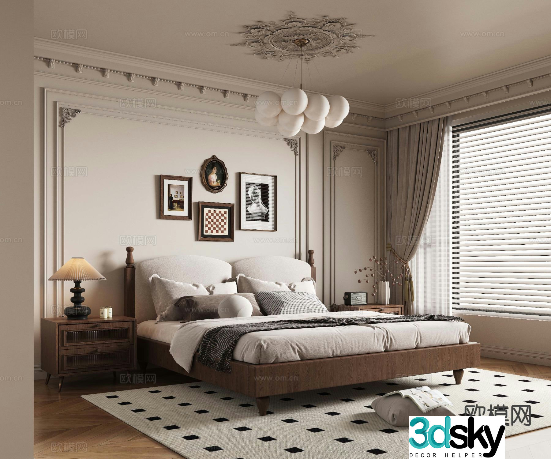 French double bed 3d model