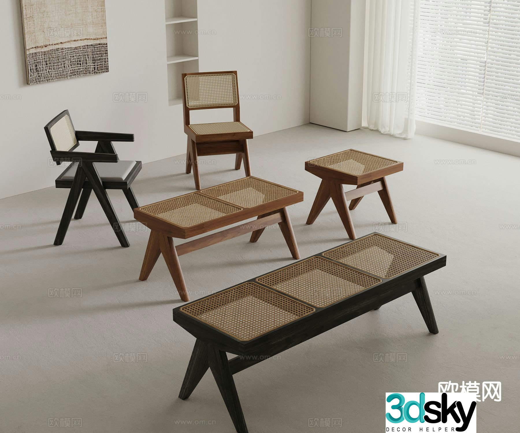 Modern rattan stool bar stool bench 3d model