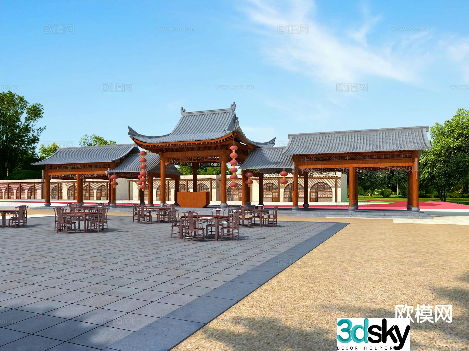 New Chinese style gallery outdoor gallery 3D model