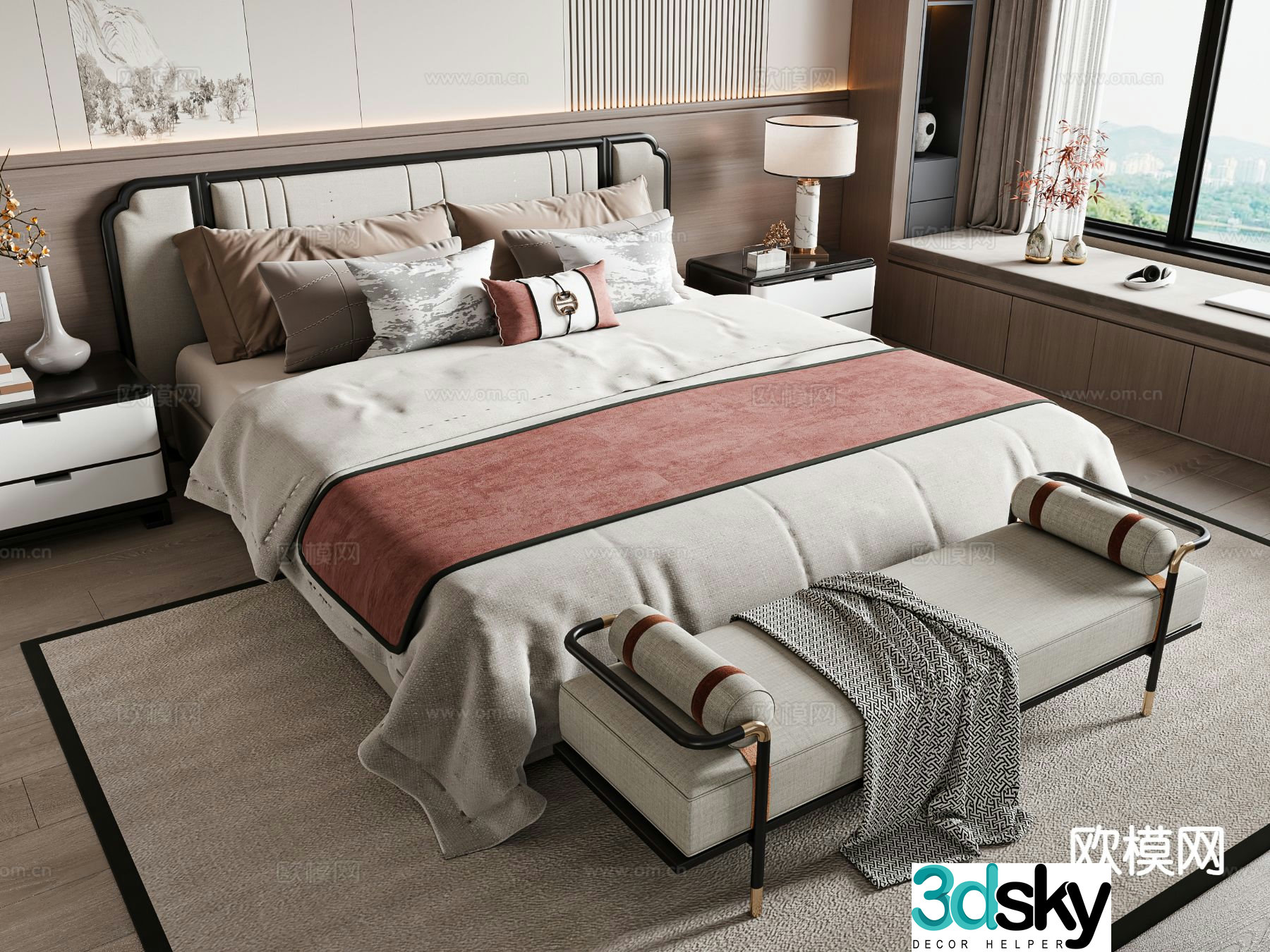 New Chinese style double bed 3d model