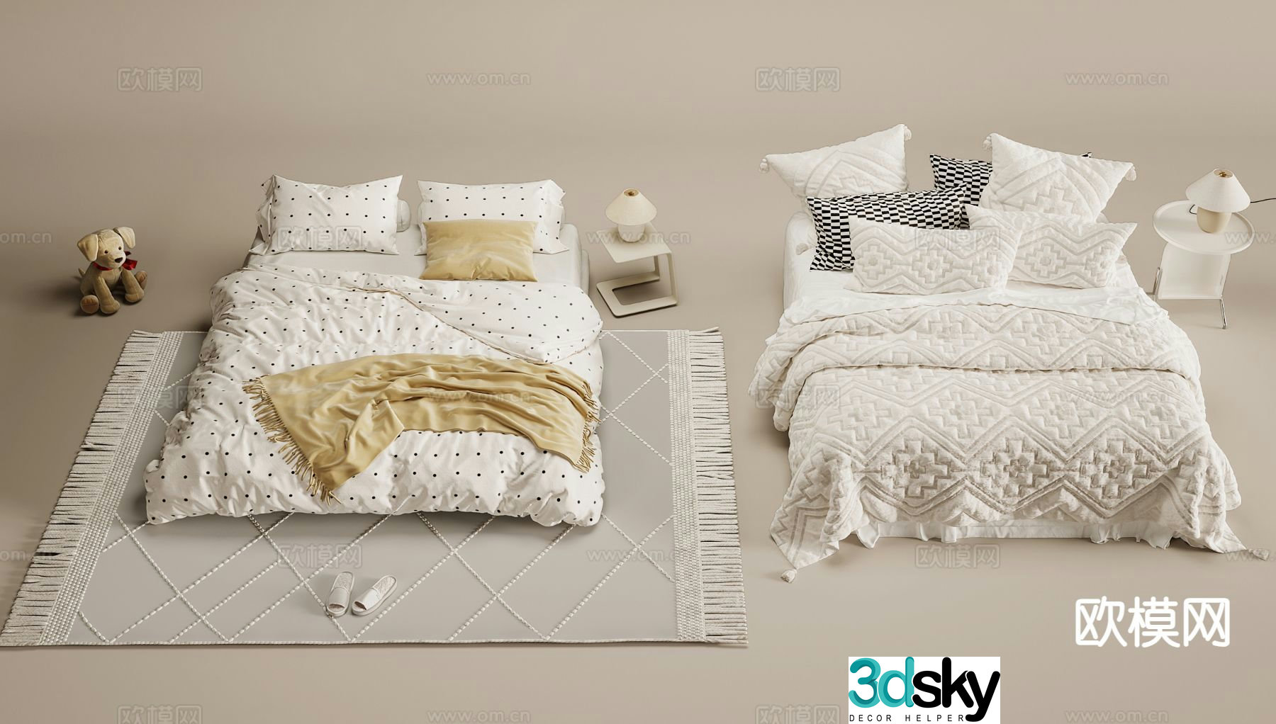 Cream style double bed bedding 3d model