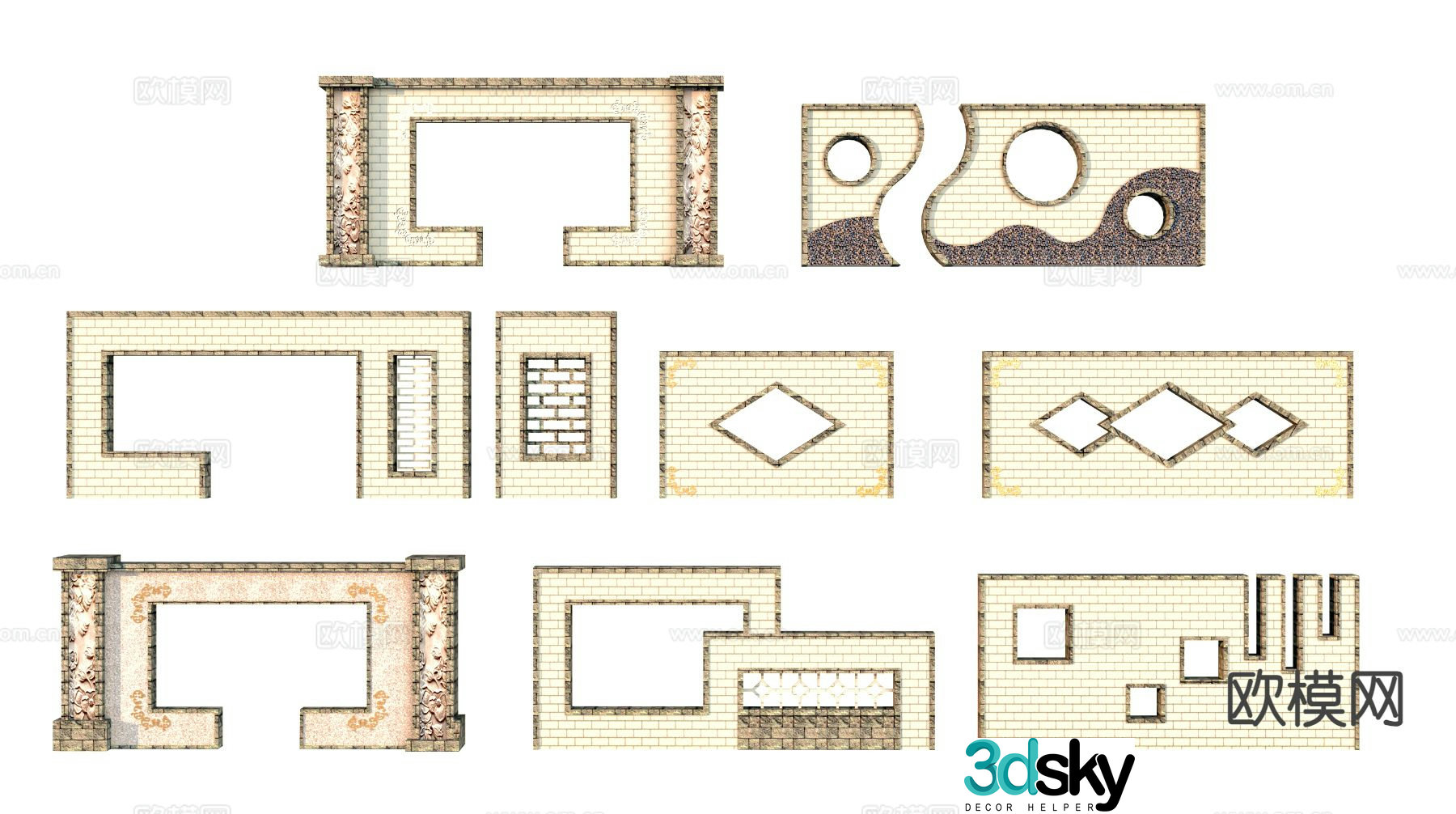 Chinese brick wall landscape wall modeling wall 3d model