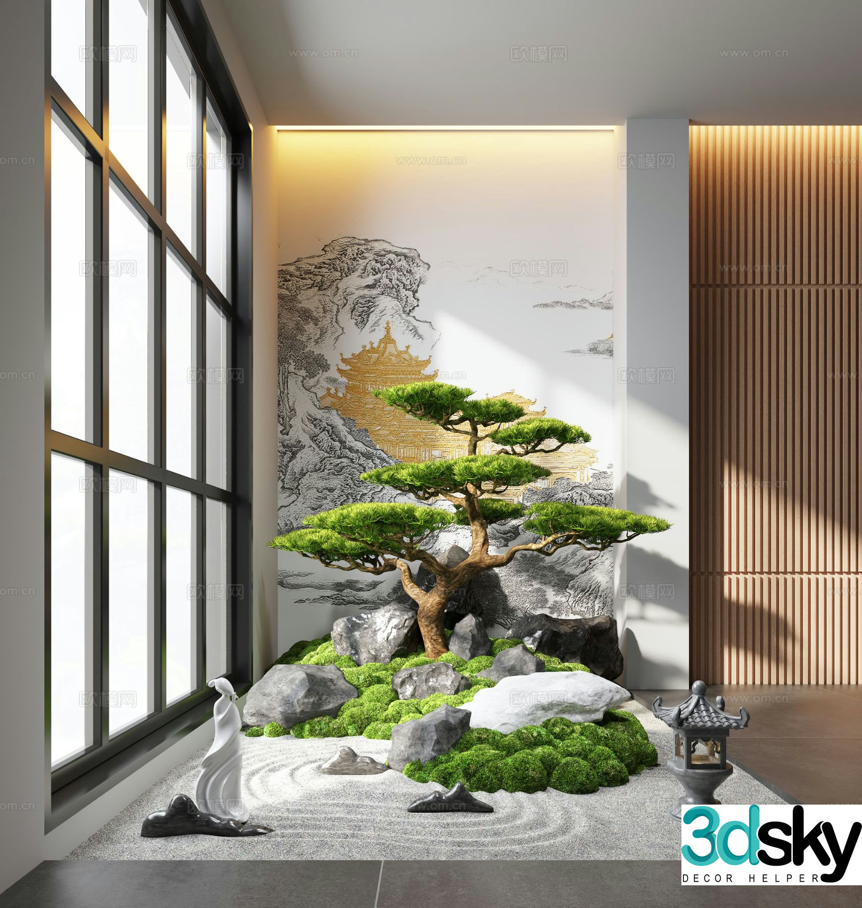 New Chinese style indoor landscape moss landscaping 3D model