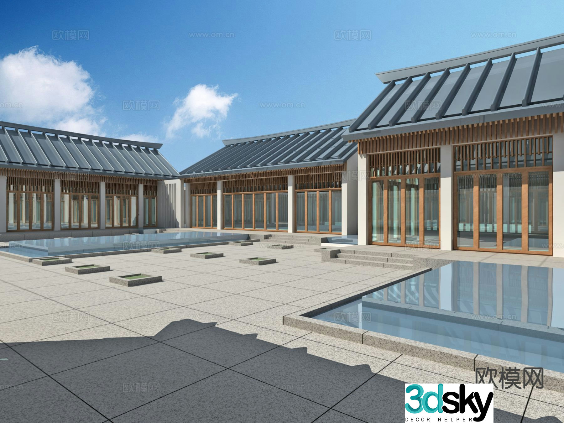 New Chinese style resort hotel villa courtyard 3D model