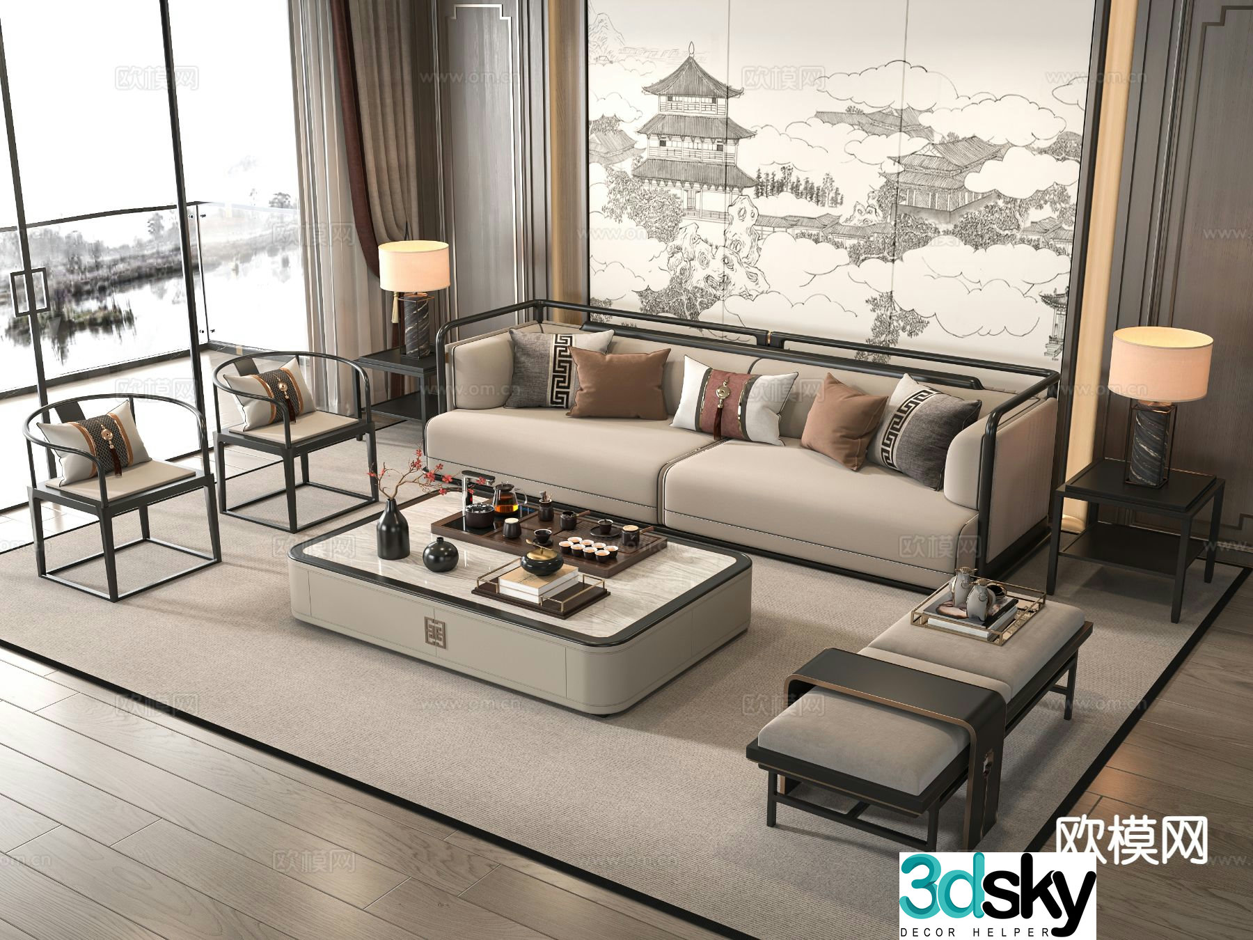 New Chinese style modular sofa 3d model