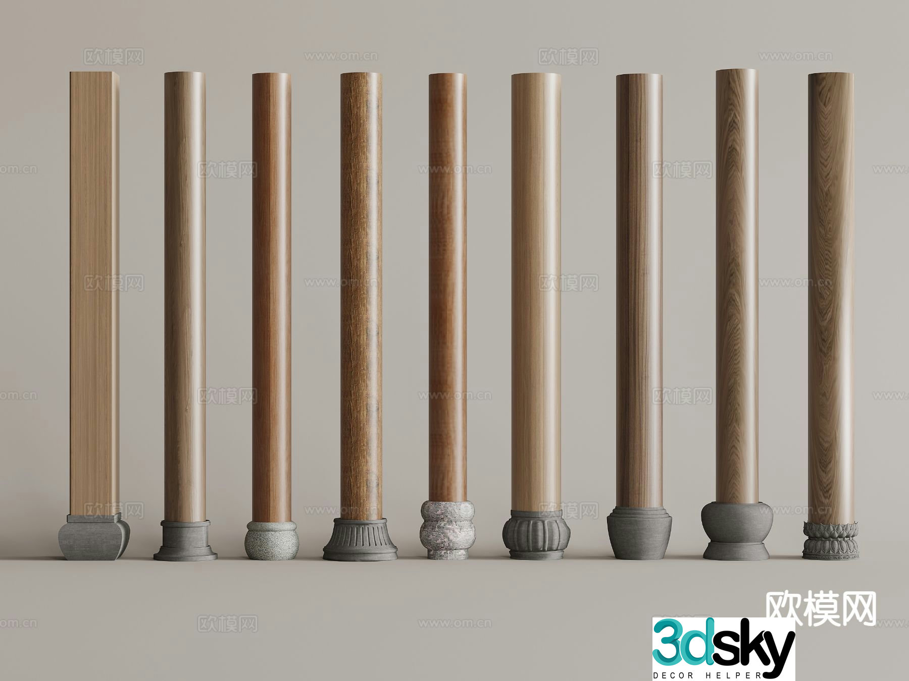 Chinese wooden column cylinder column square column 3D model