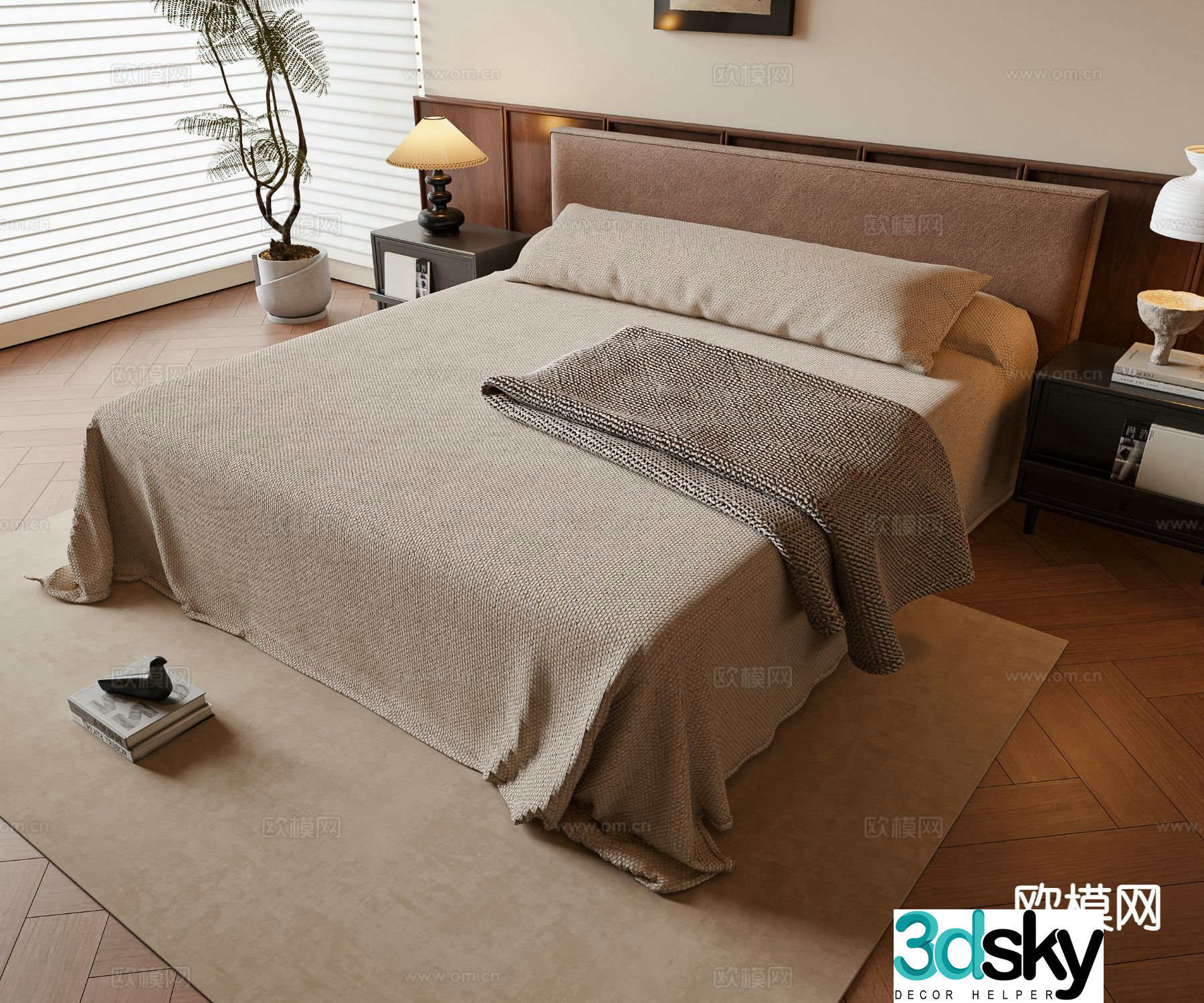 Wabi-sabi style double bed 3d model