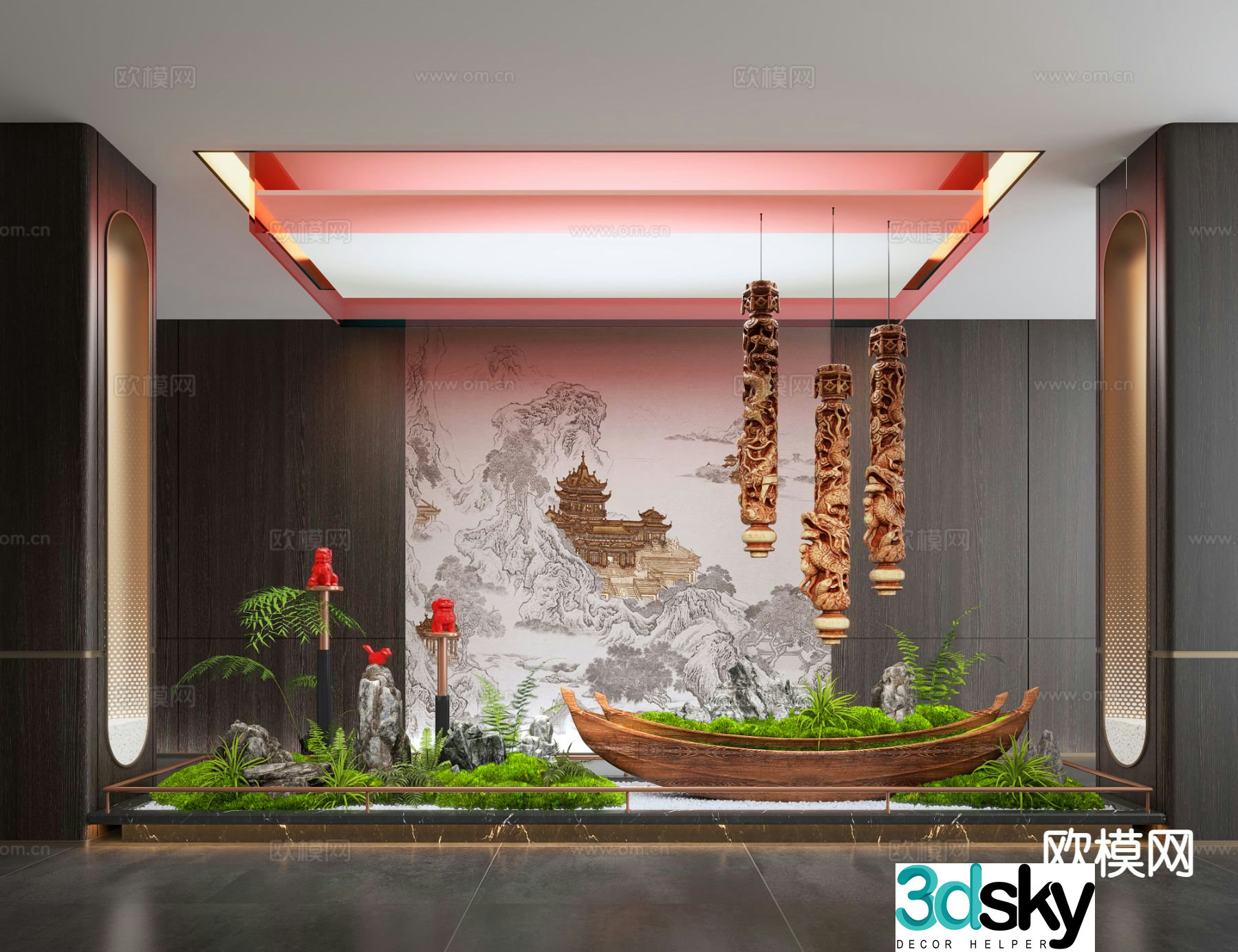 New Chinese style indoor landscape green plant landscaping 3D model