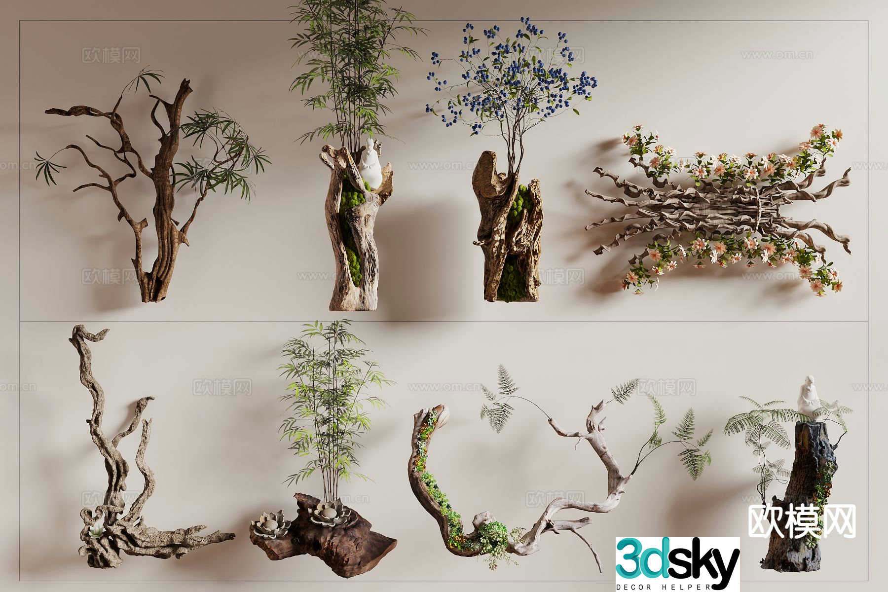 Dead wood and green plants landscape sketch 3d model