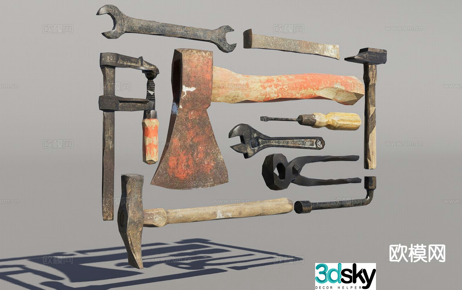 Tools hammer wrench ax 3d model