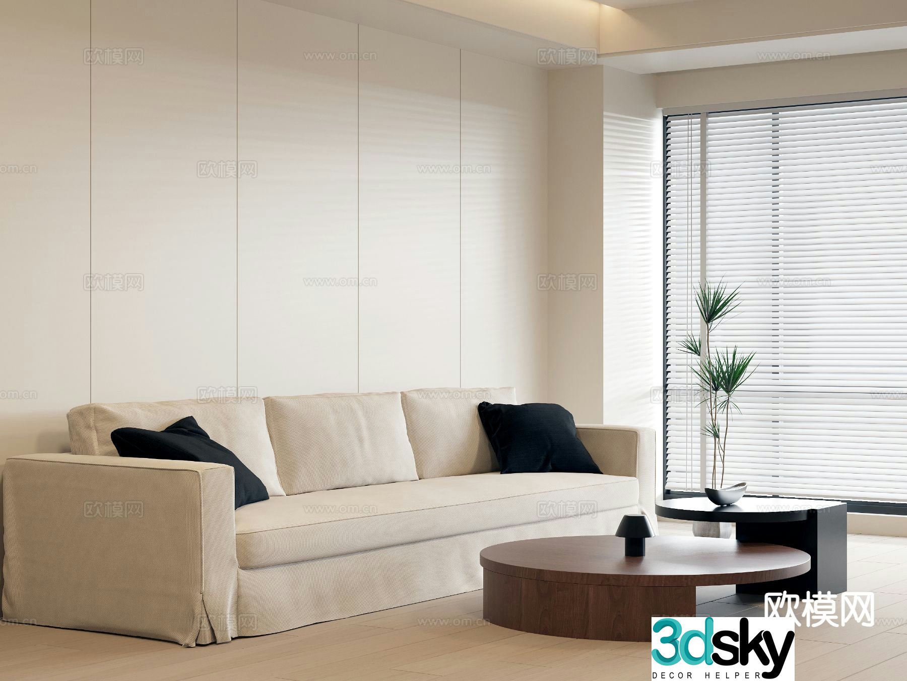 Cream style three-seat sofa fabric sofa 3D model