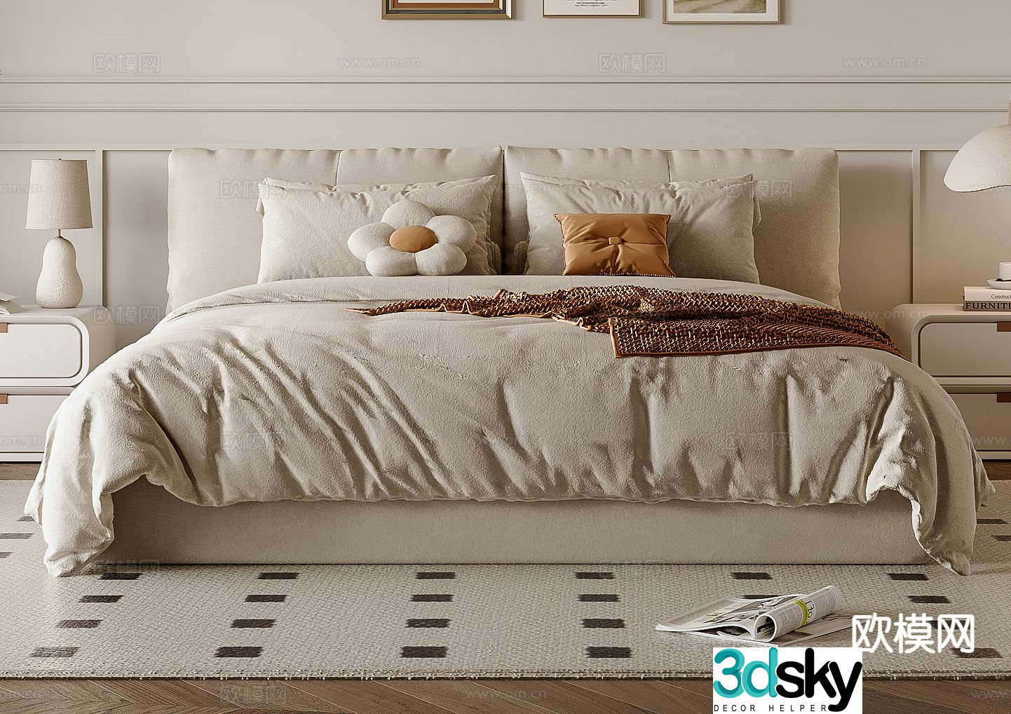 Cream style double bed 3d model