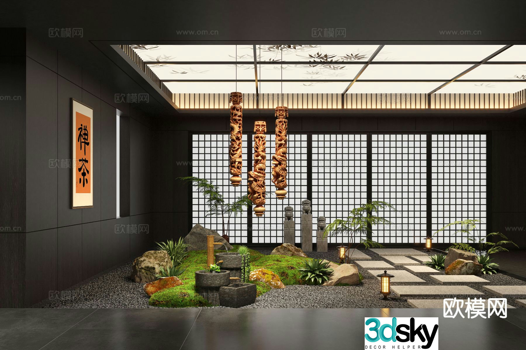 New Chinese style indoor landscape moss landscaping 3D model