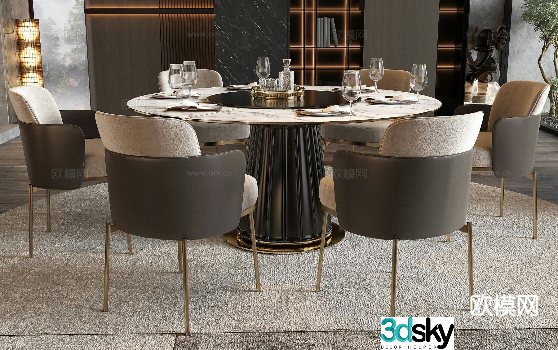 Round dining table and chairs 3d model