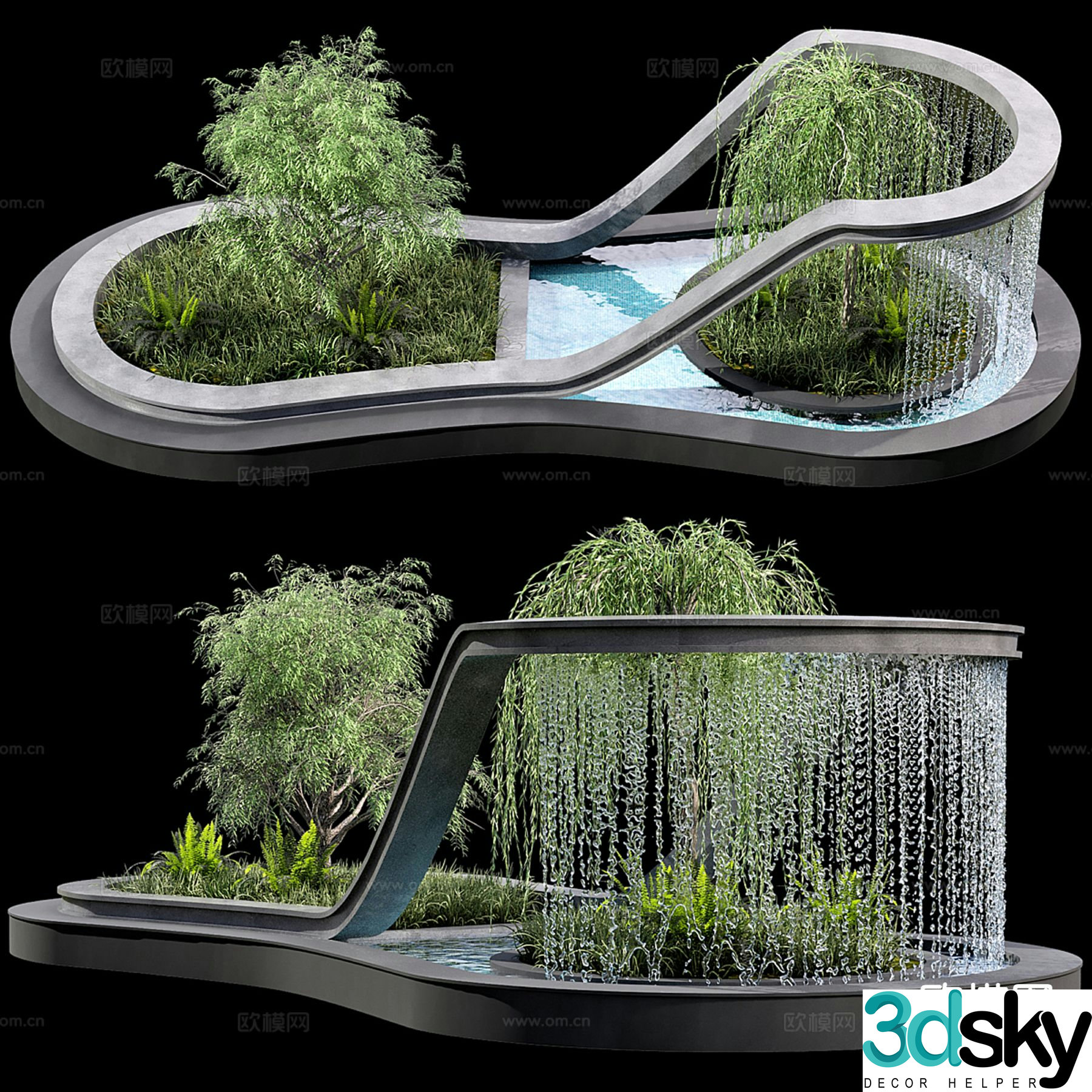 Courtyard water feature waterfall plant landscaping 3D model