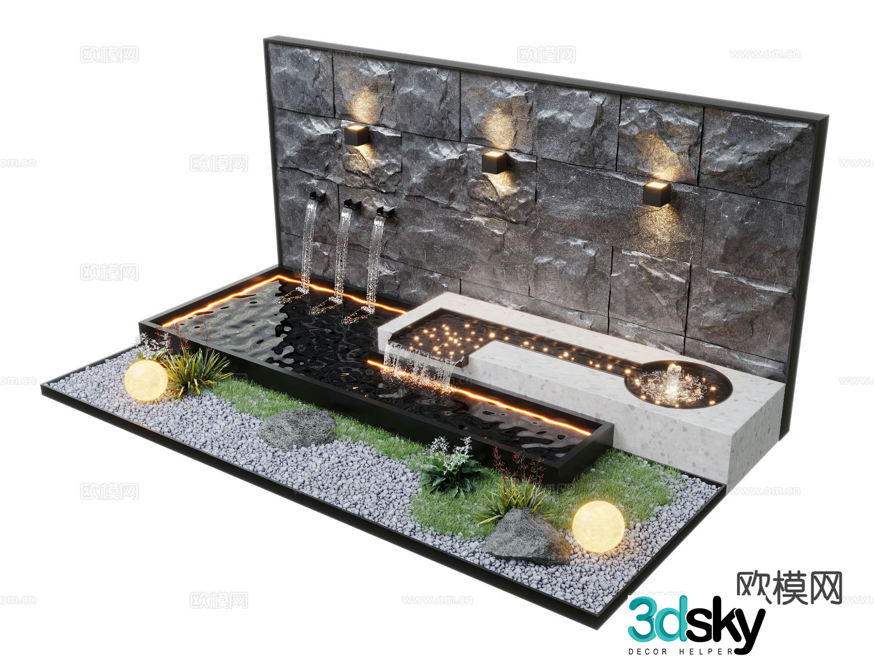 Modern water feature wall stacked water landscape waterfall flowing water 3D model
