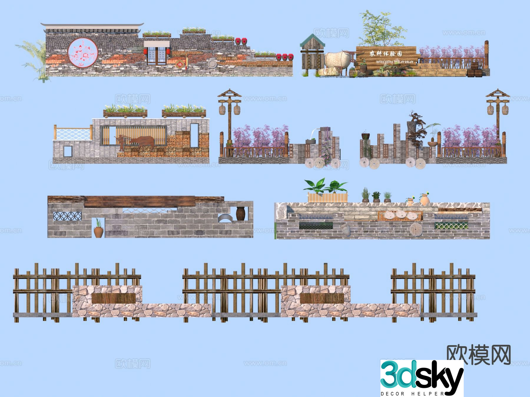 New Chinese style rural landscape wall courtyard wall folk landscape wall 3D model