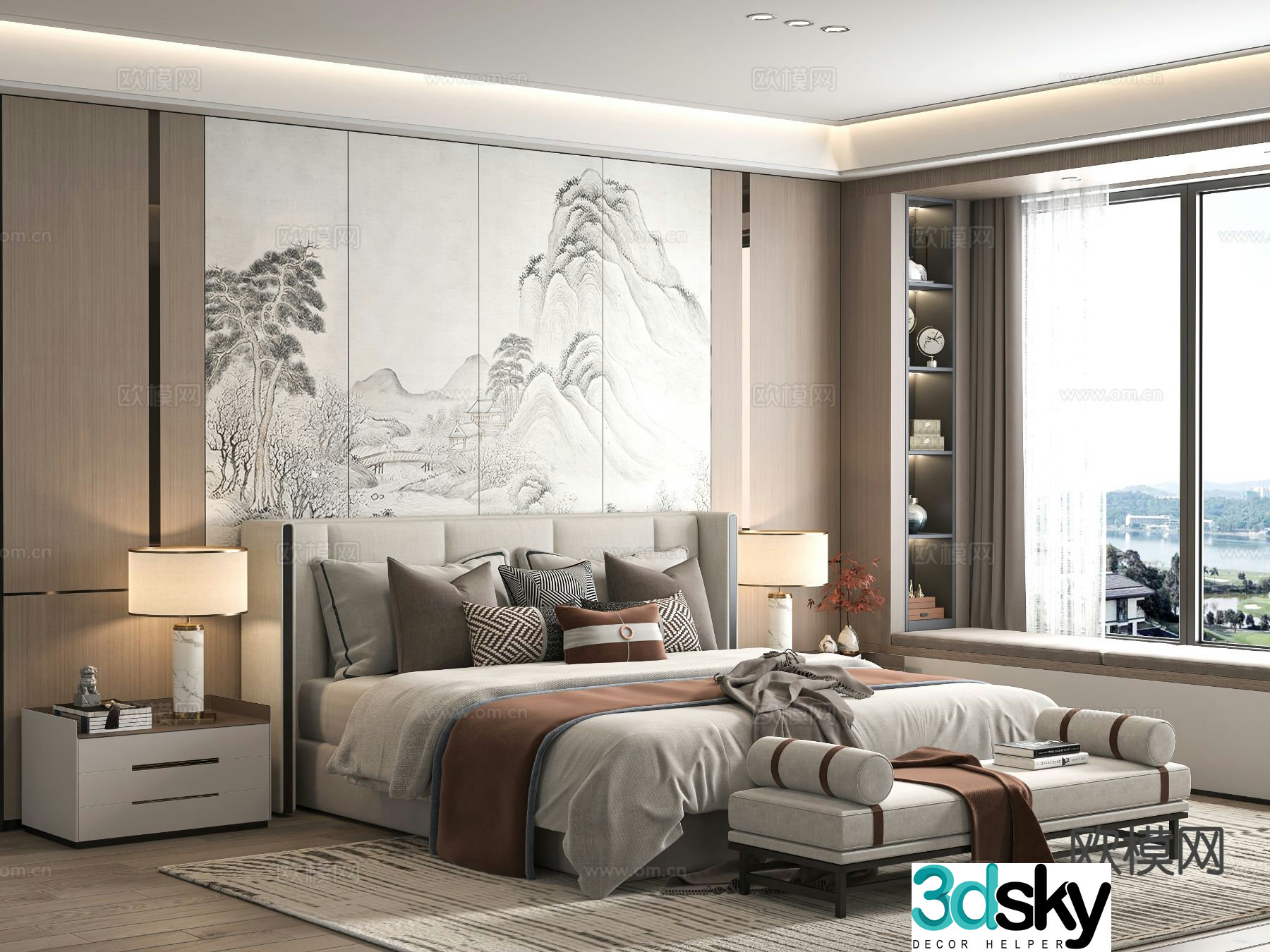 New Chinese style double bed 3d model