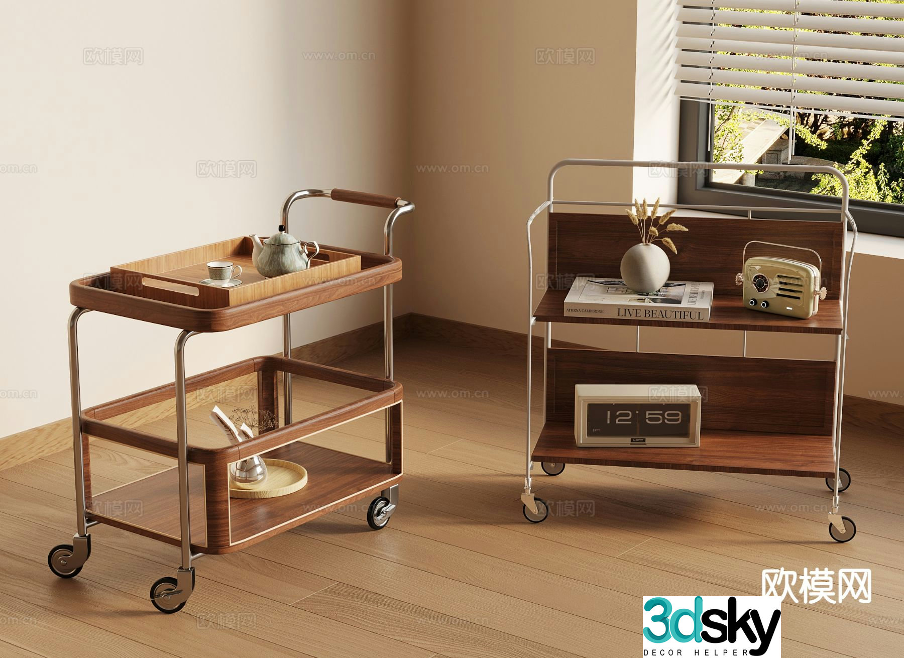 Middle-aged Ancient Angle Side Table Mobile Trolley 3D Model