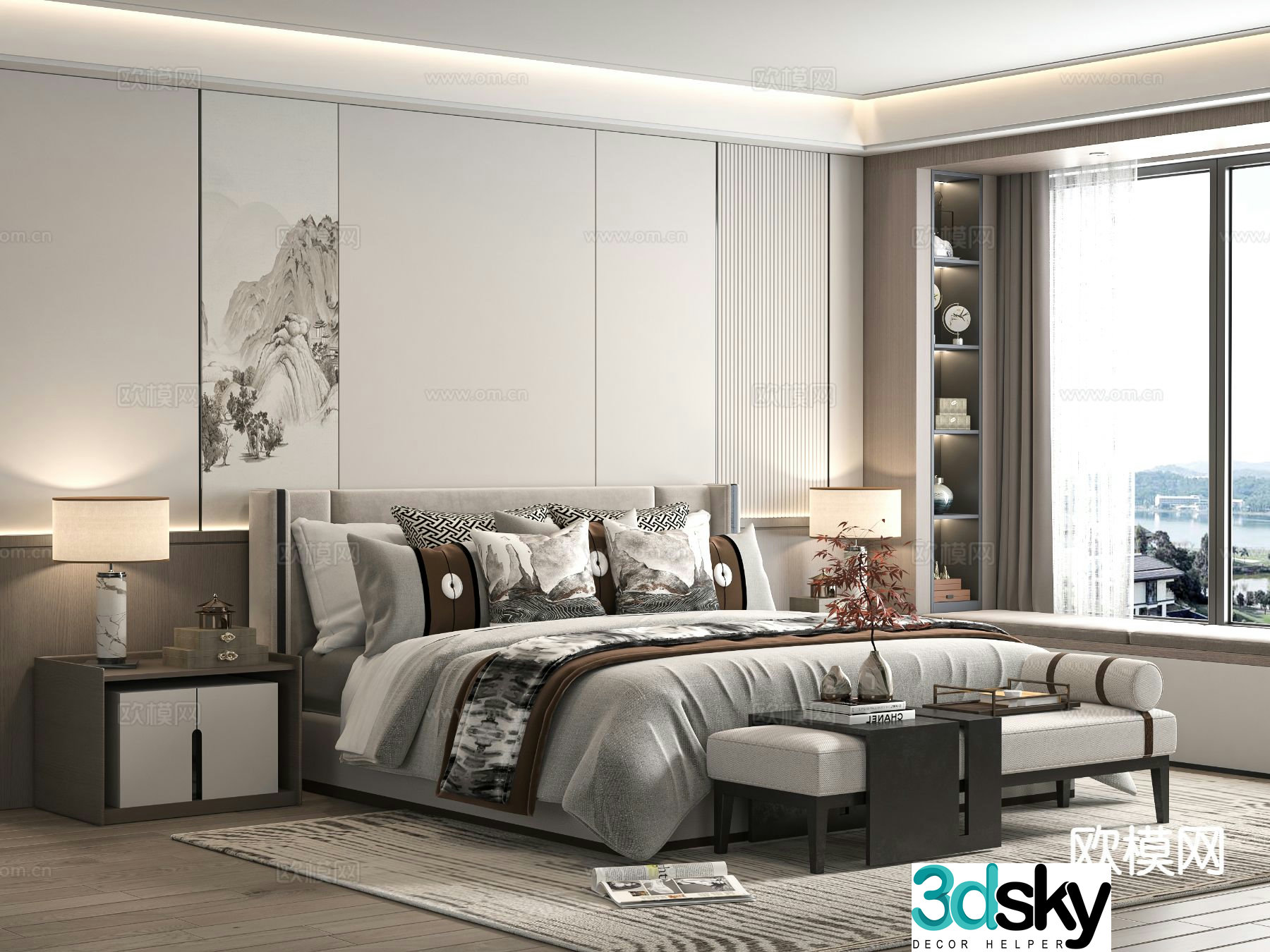 New Chinese style double bed 3d model