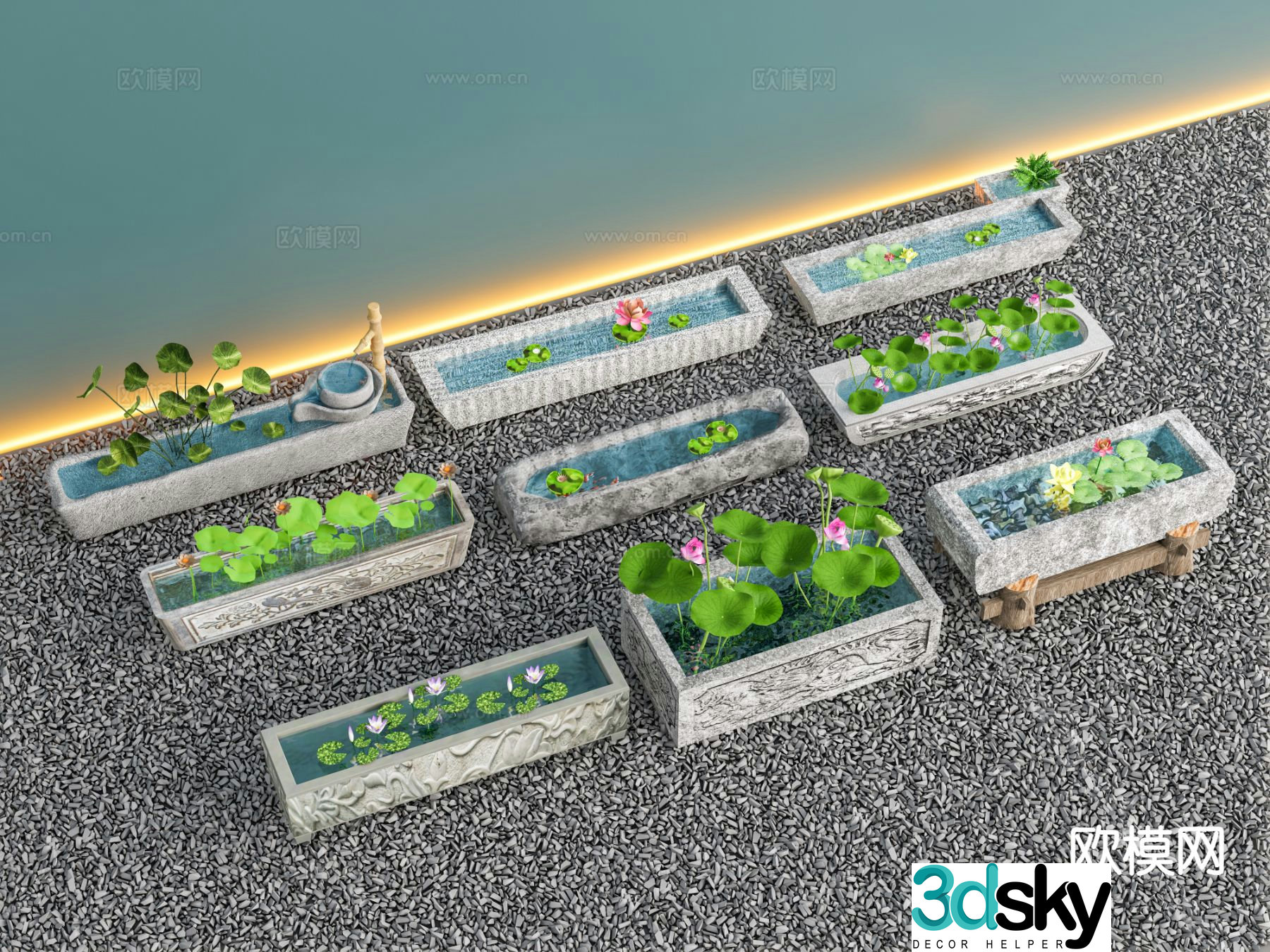 New Chinese style courtyard sketch lotus pond landscape sketch 3D model