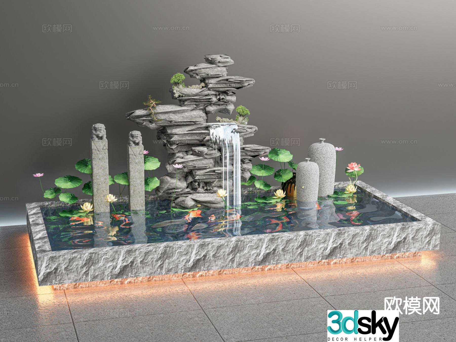 New Chinese style lotus pond flowing water landscape 3D model