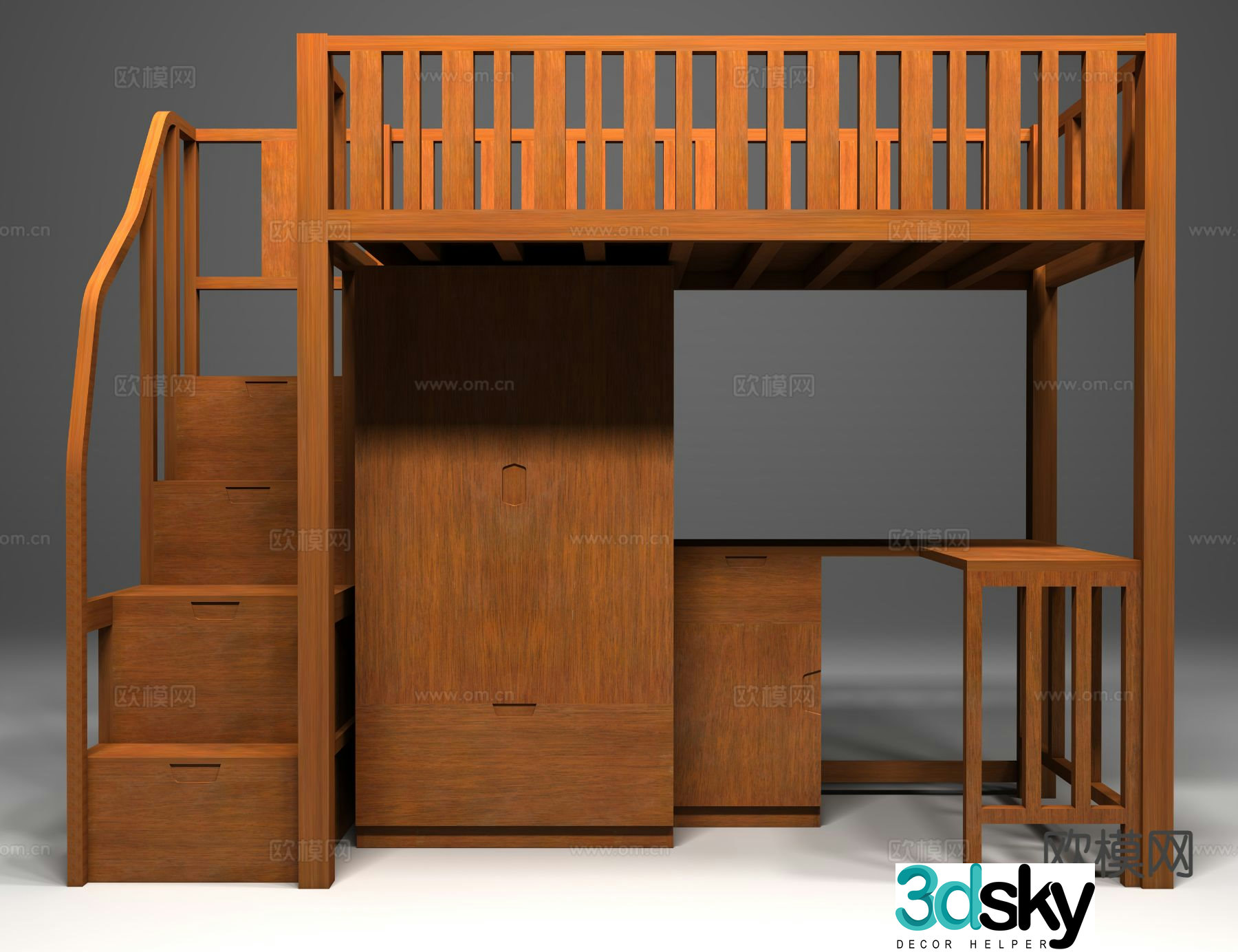 Dormitory bed upper bed and lower table 3d model