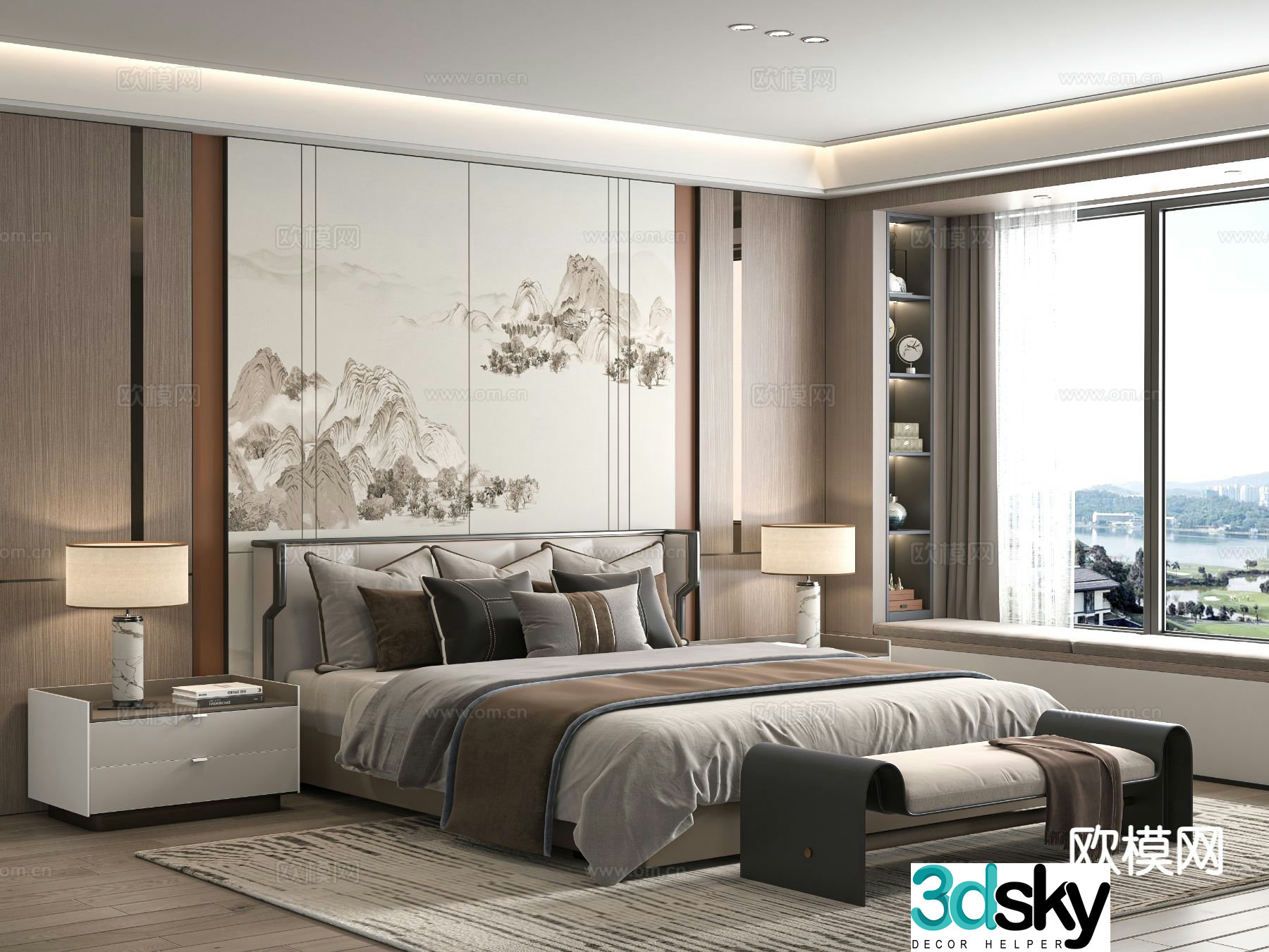 New Chinese style double bed 3d model