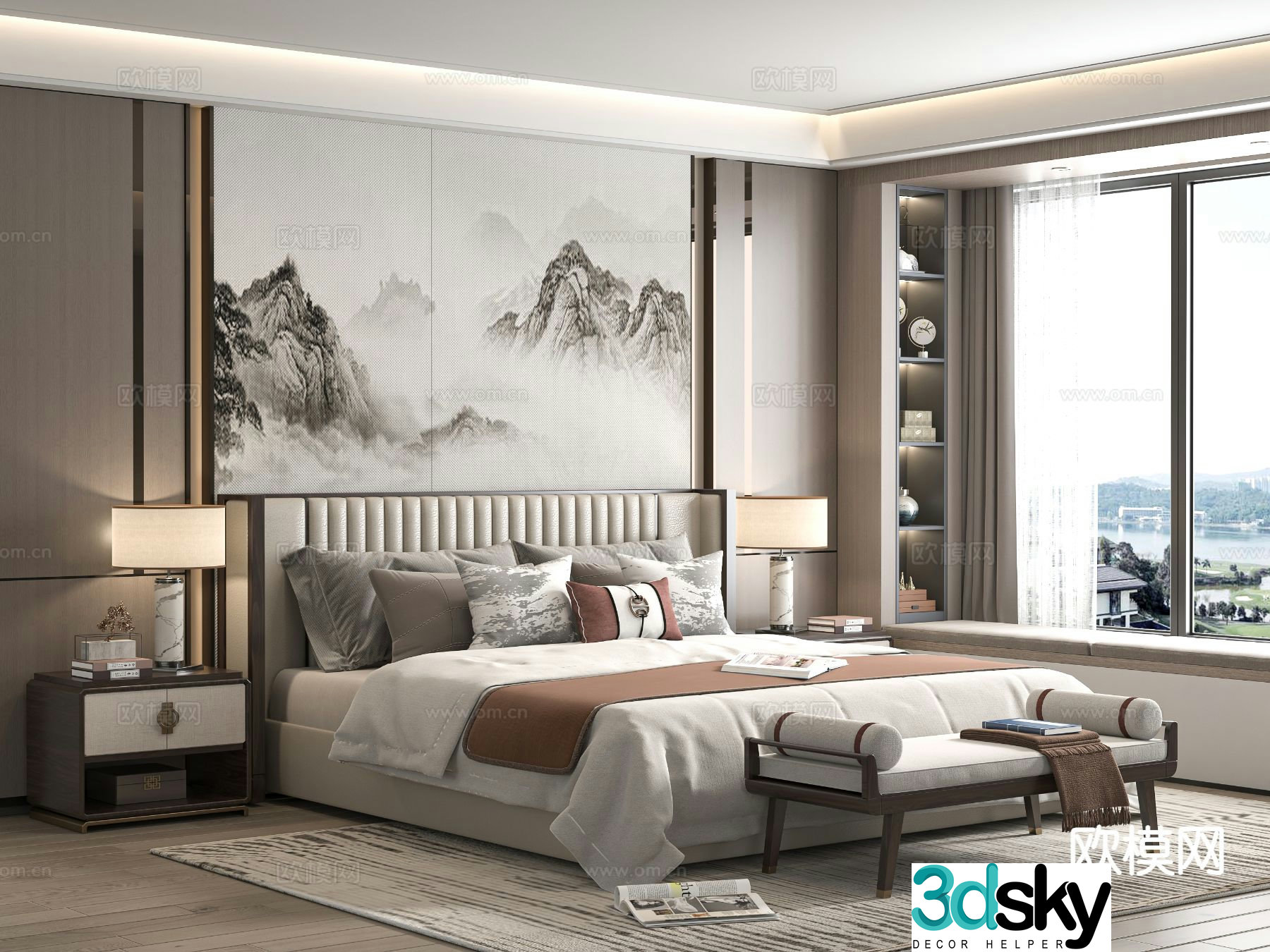 New Chinese style double bed 3d model