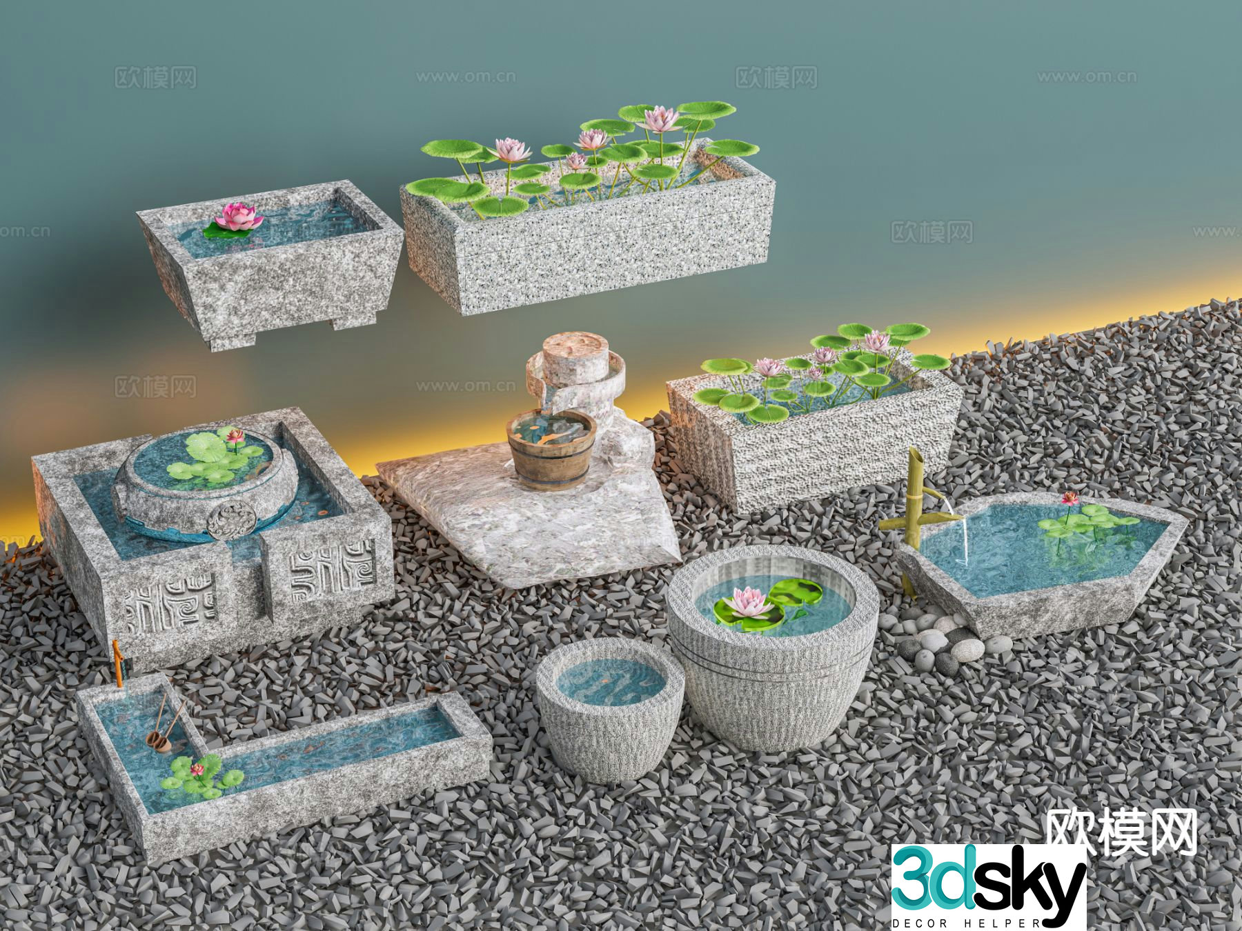 New Chinese style courtyard water feature lotus pond manger 3D model