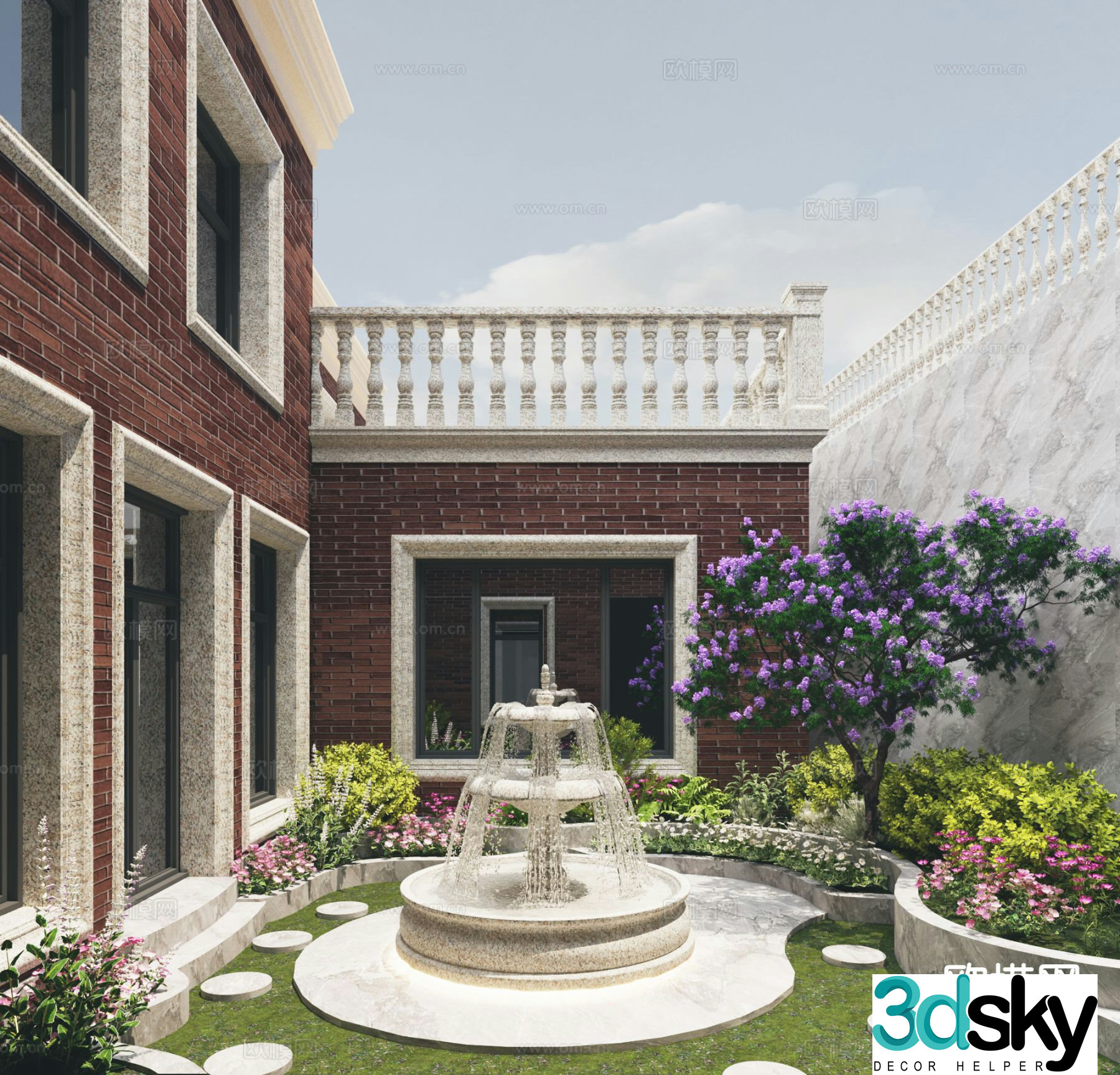 European villa garden courtyard landscape 3D model