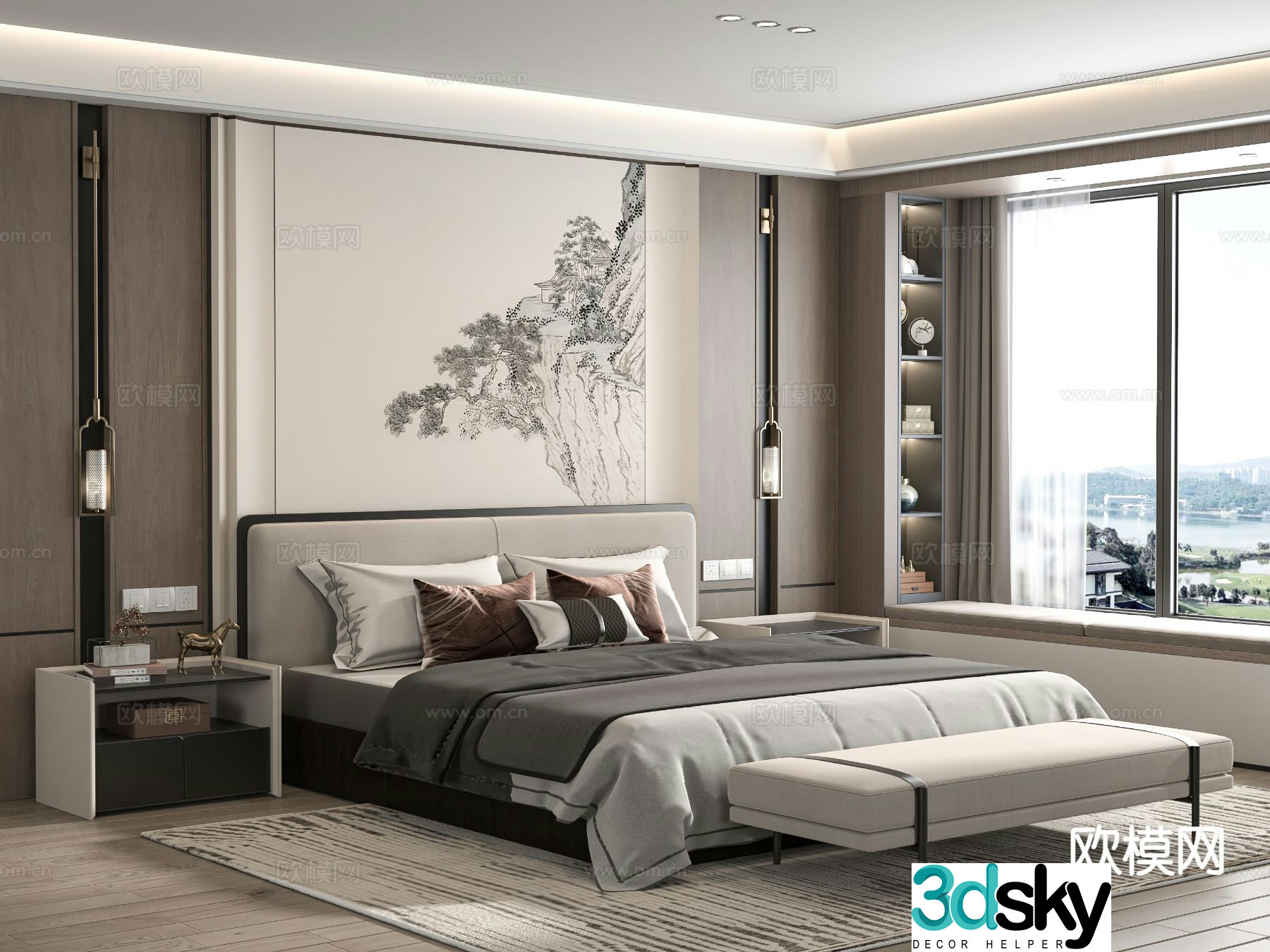 New Chinese style double bed 3d model