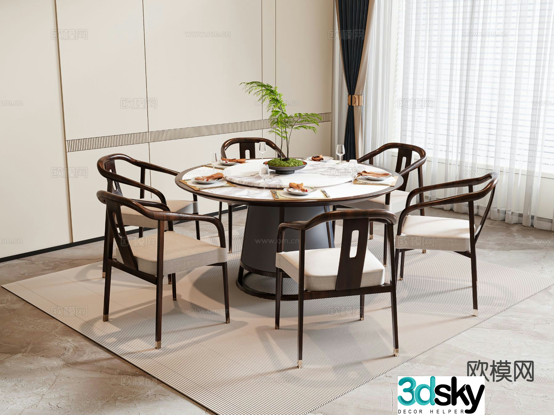 New Chinese style dining table and chairs round dining table 3d model