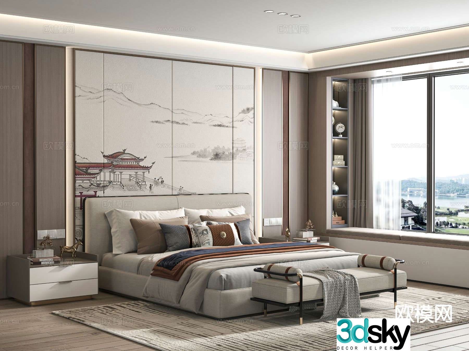New Chinese style double bed 3d model