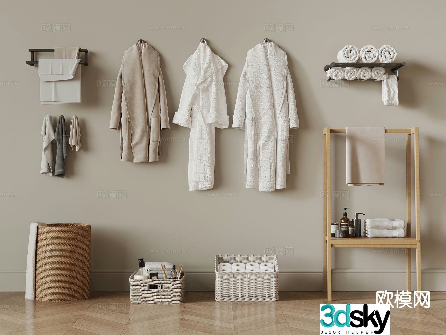 Bathrobe towel rack storage basket dirty clothes 3d model