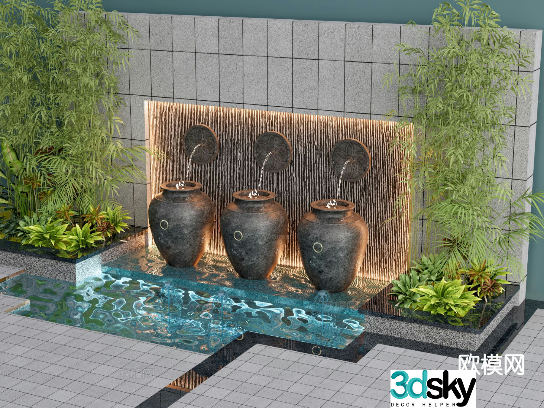New Chinese style courtyard waterscape flowing water landscape 3D model