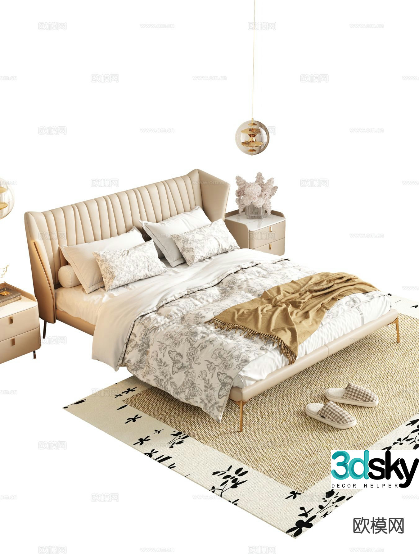 Cream style double bed 3d model