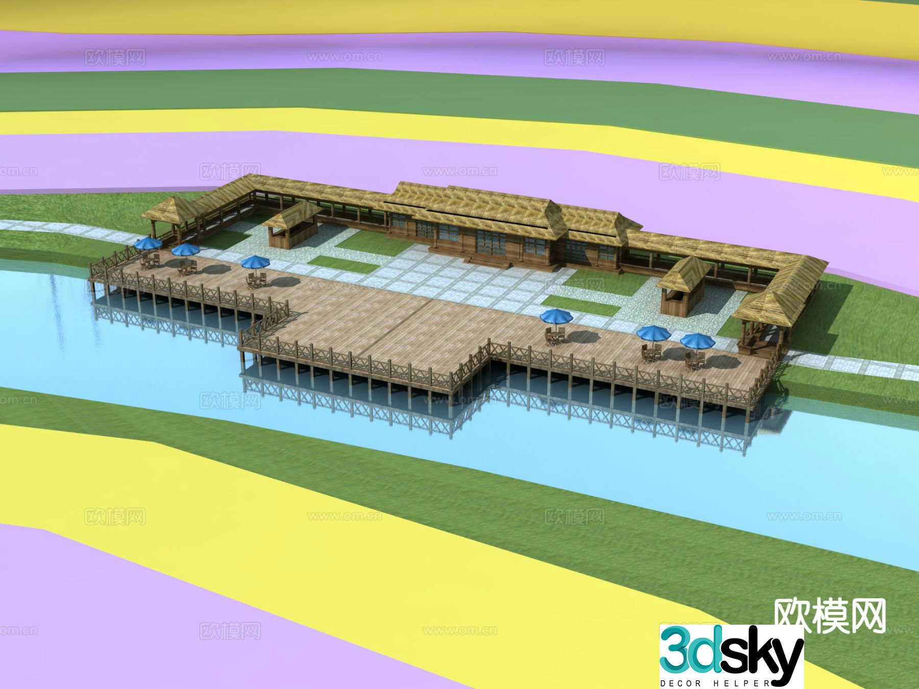New Chinese style waterfront leisure platform 3D model