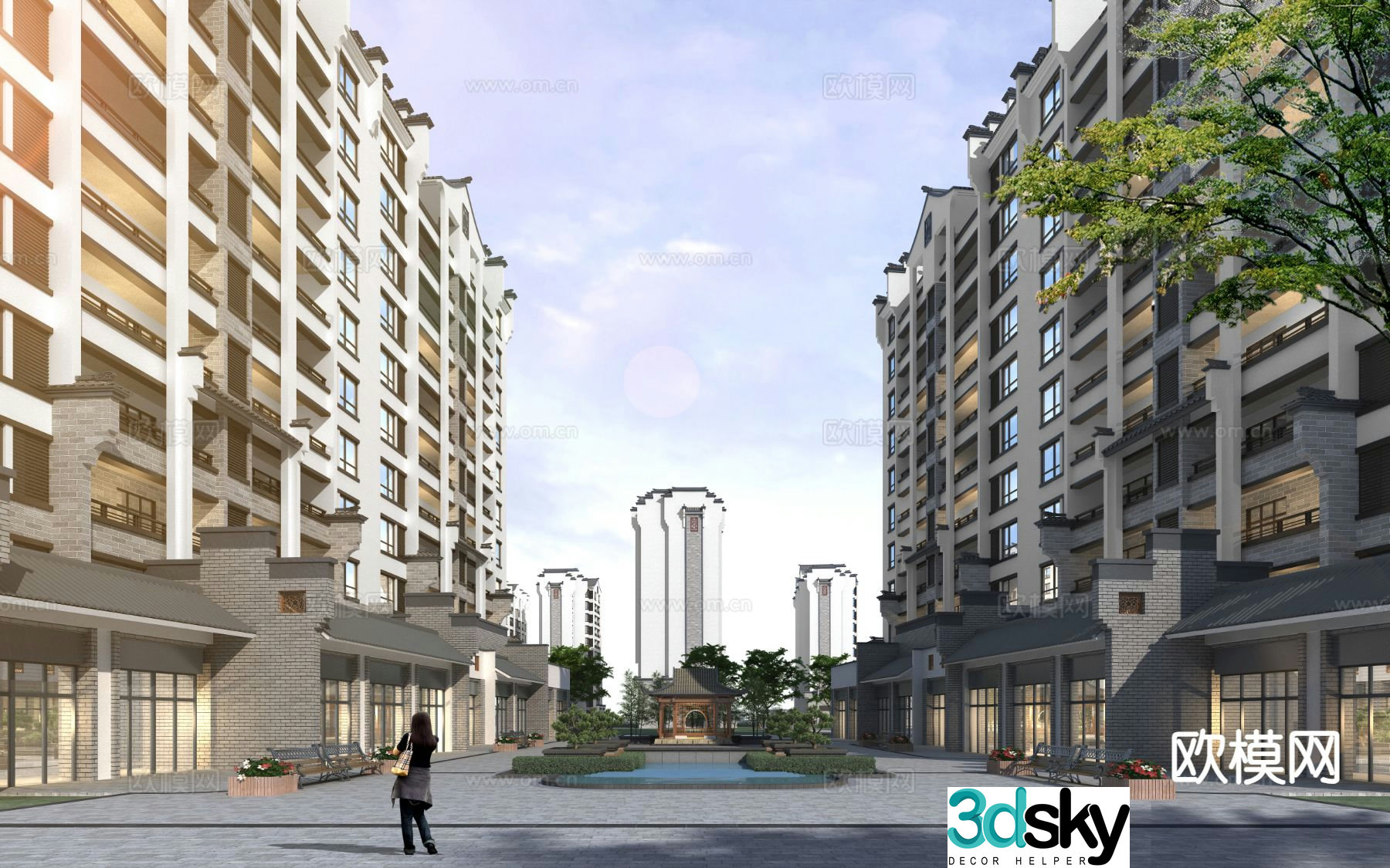 Chinese style residential building Huipai community landscape 3D model