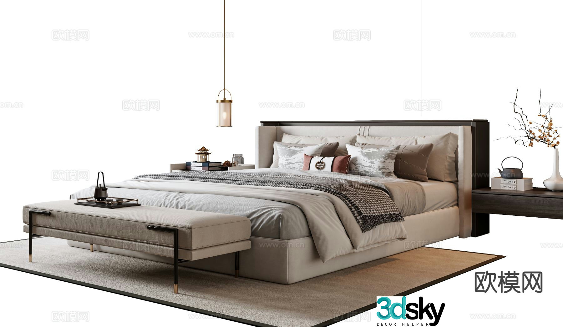 New Chinese style double bed 3d model