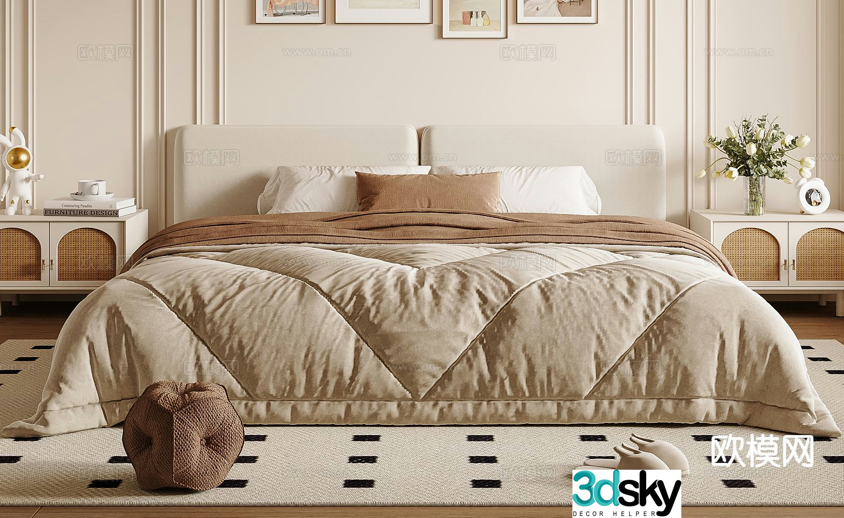 Cream style double bed 3d model
