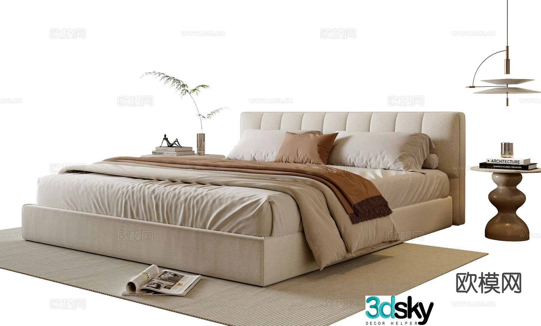 Cream style double bed 3d model