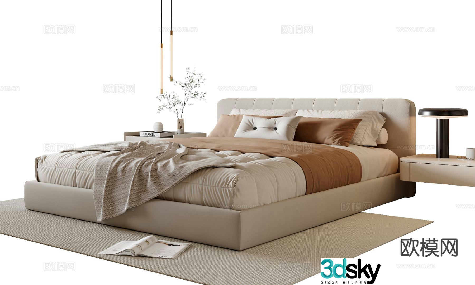 Cream style double bed 3d model