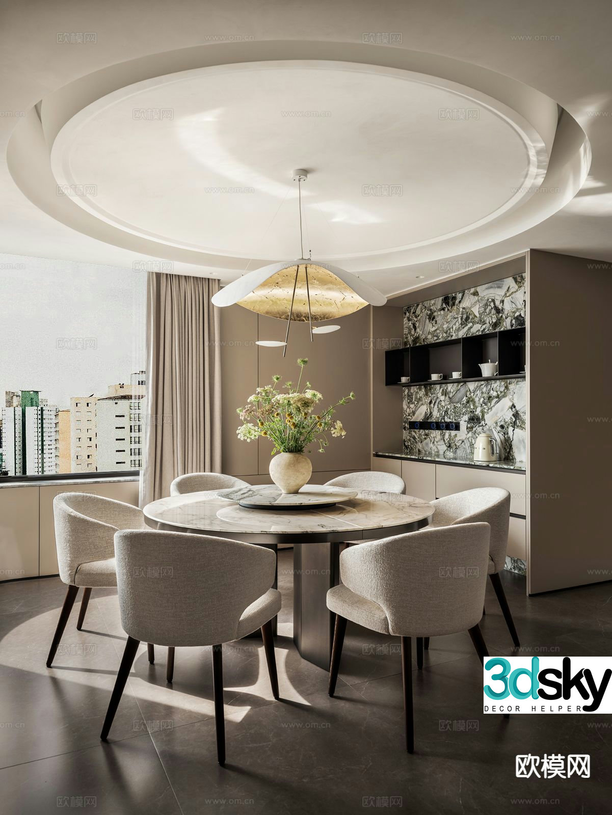 Light luxury dining table and chairs round dining table 3D model
