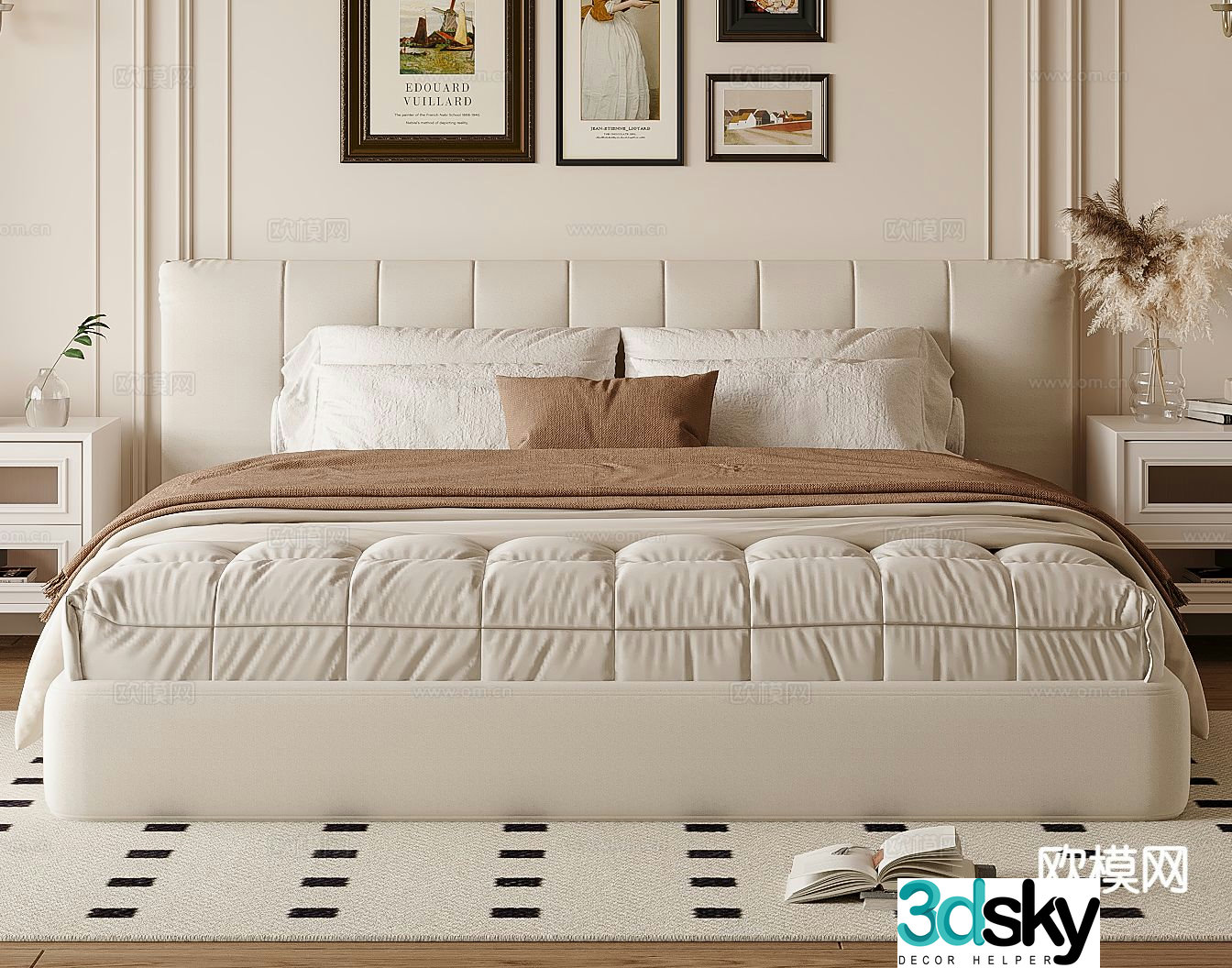 Cream style double bed 3d model