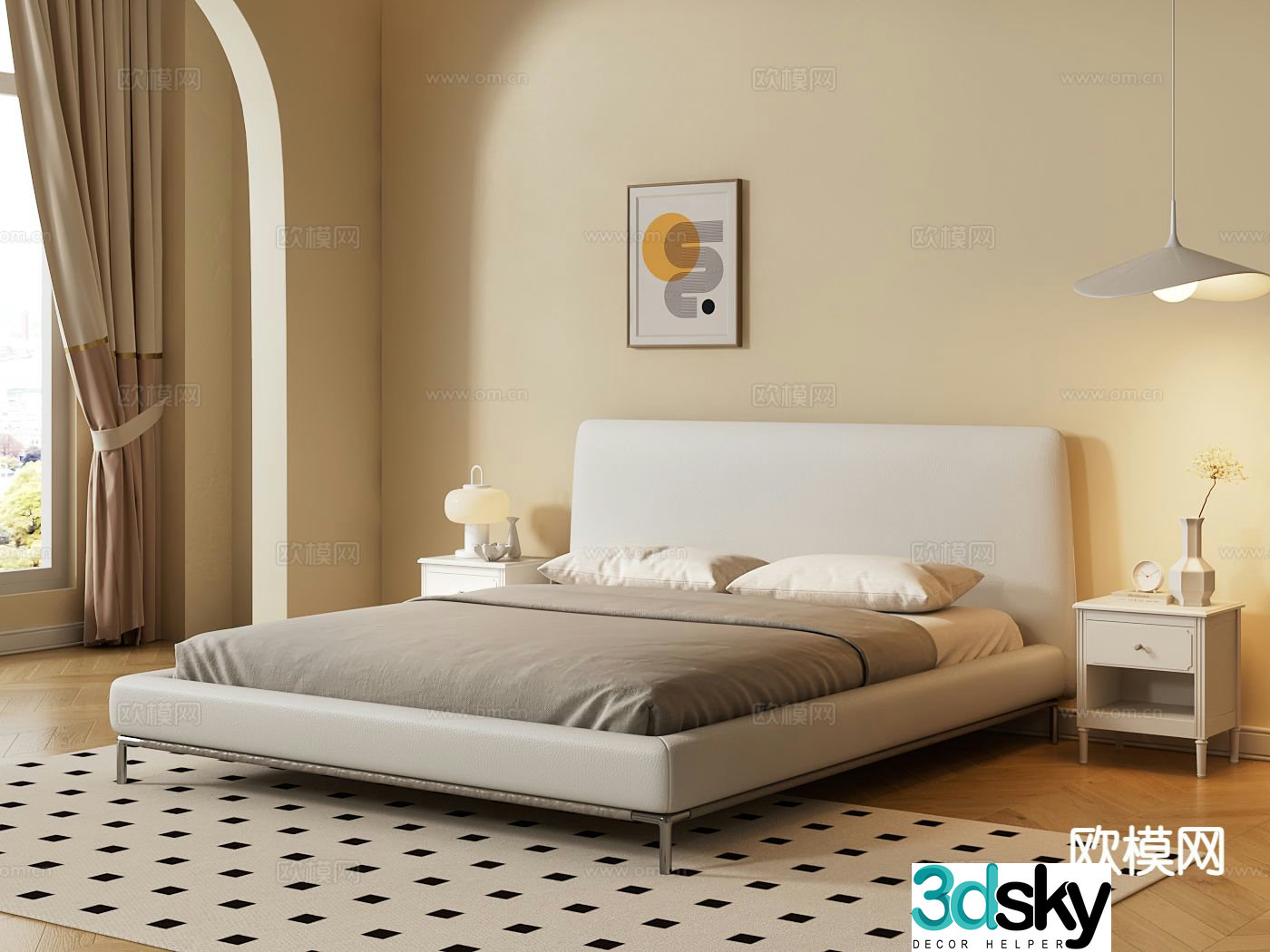 Cream style double bed 3d model