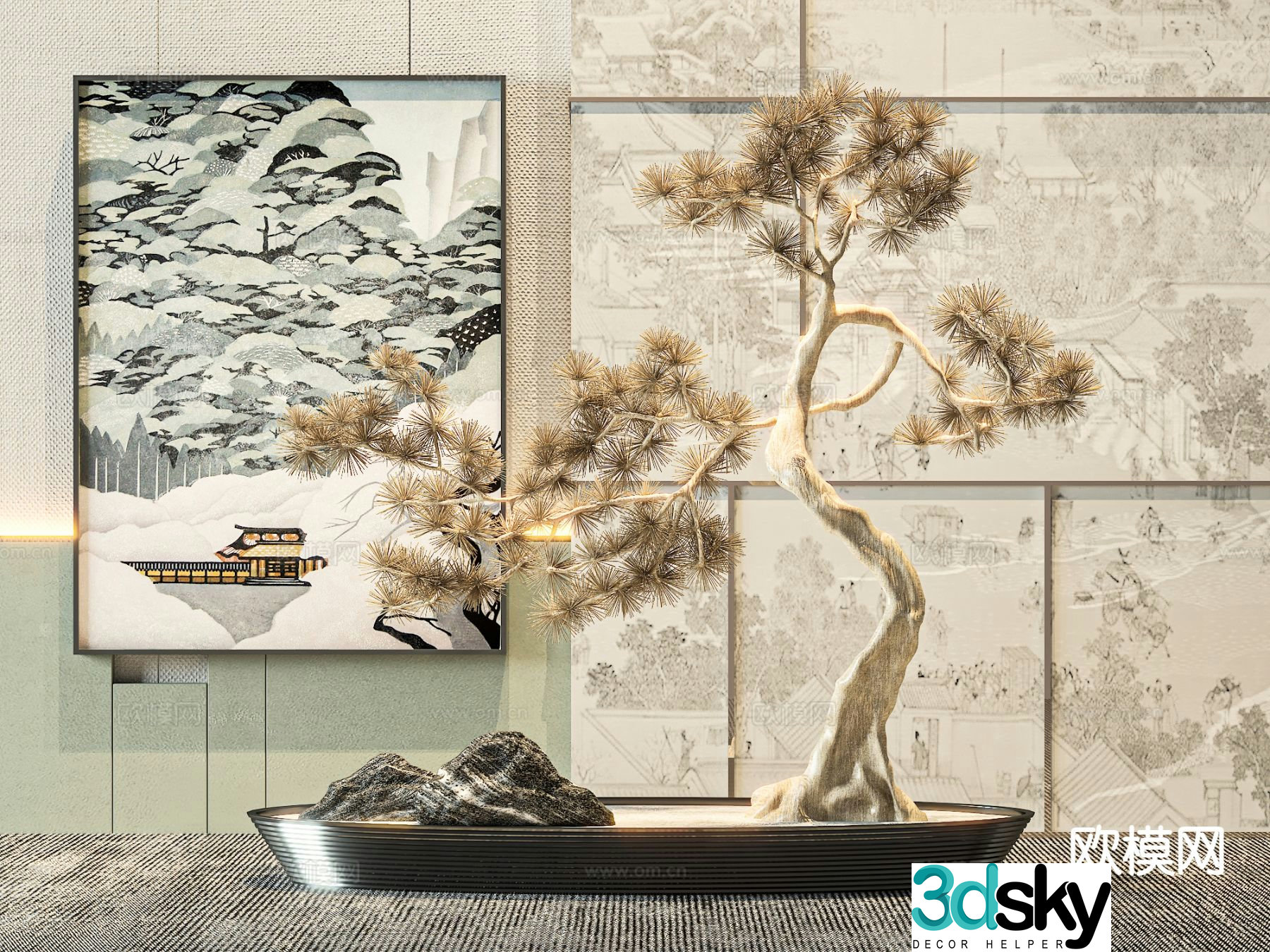 New Chinese style pine tree sketch plant scene 3d model