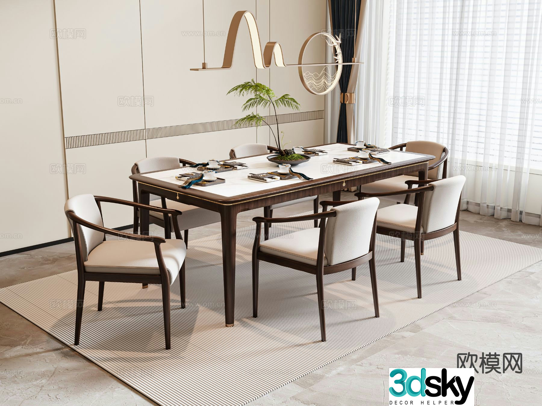 New Chinese style dining table and chairs Bar dining table 3D model
