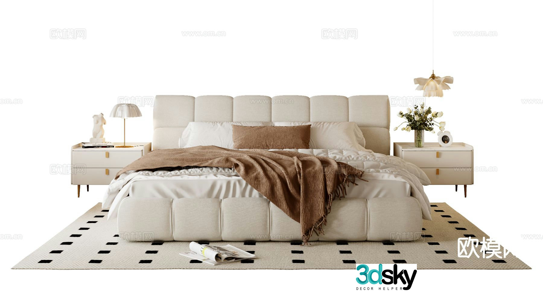 Cream style double bed 3d model